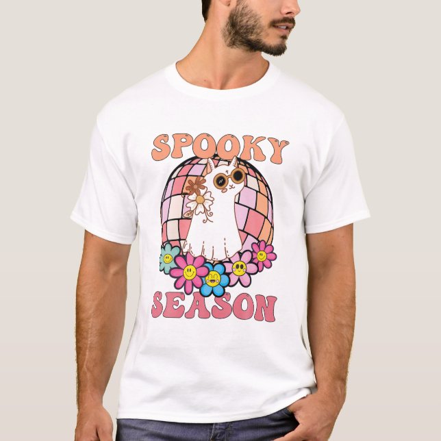 Season Groovy Ghost Cat Retro T-Shirt (Front)