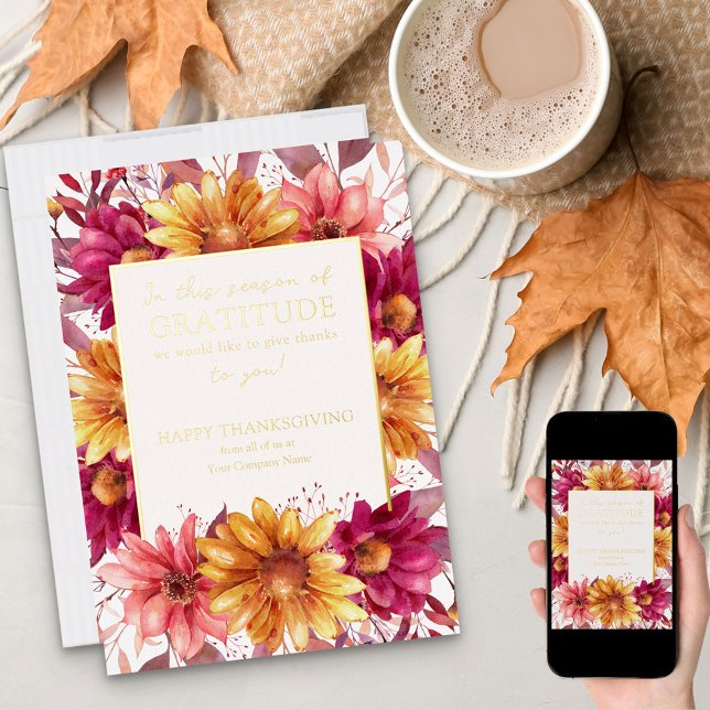 Season of Gratitude Fall Floral Thanksgiving Gold Foil Holiday Card (Creator Uploaded)