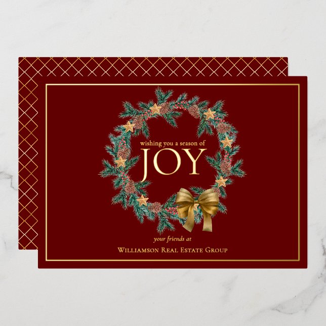 Season of Joy Christmas Wreath Business Foil Holiday Card (Front/Back)