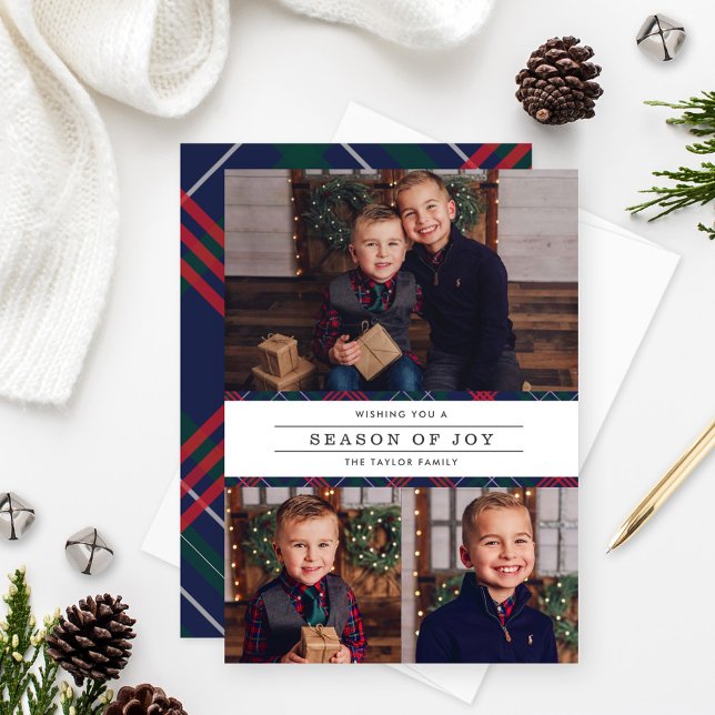 Season of Joy Navy Tartan Plaid Photo Collage Holiday Card (Creator Uploaded)
