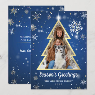 Season’s Greetings Blue Gold Christmas Tree Photo Holiday Card