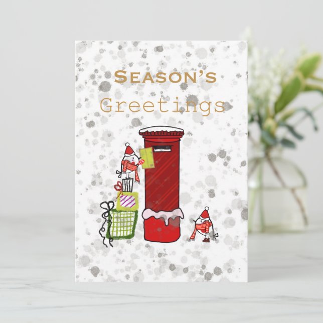 Season’s Greetings Doodle card Robins Red Mailbox (Standing Front)