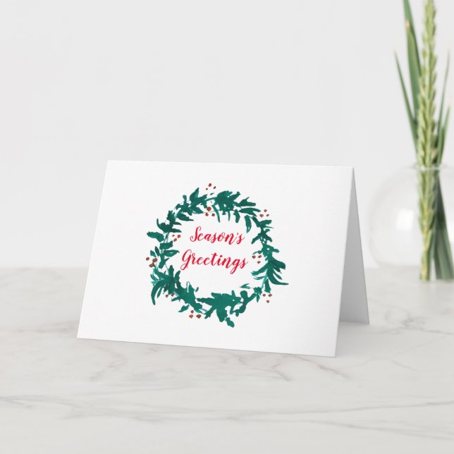 Season’s Greetings Green Wreath Holly Painting Card (Front)