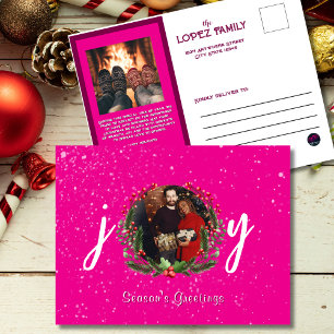 Season’s Greetings Joy Vibrant Pink Photo Holiday Postcard