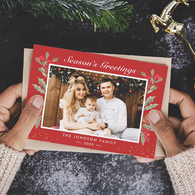 Season’s Greetings Red Berries Christmas Photo Holiday Card (Creator Uploaded)