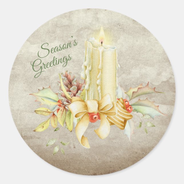 Season’s Greetings Script Christmas Candle Floral Classic Round Sticker (Front)