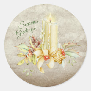 Season’s Greetings Script Christmas Candle Floral Classic Round Sticker