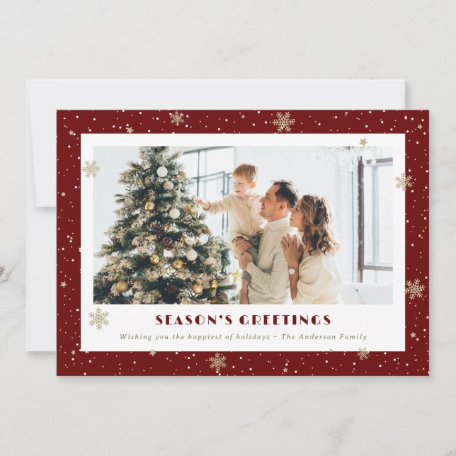 Season’s Greetings Snowflake Red Photo Holiday Card (Front)