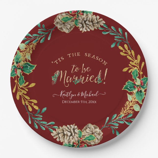 Season to be Married Christmas Wreath Watercolor  Paper Plate (Front)