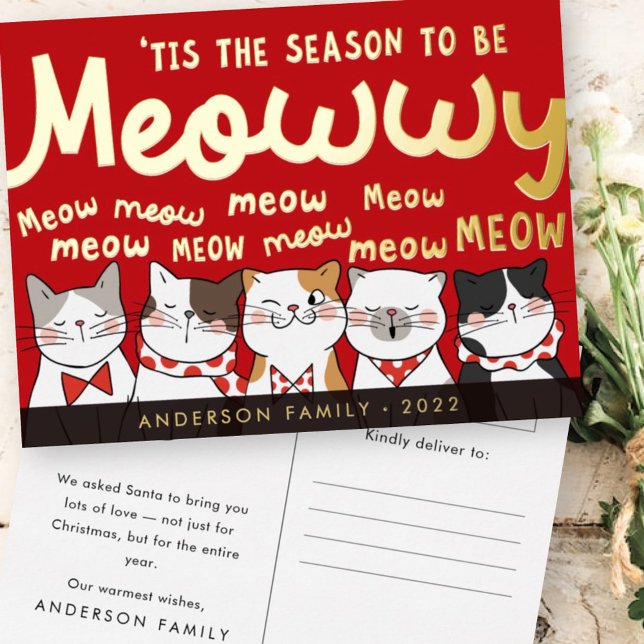 Season to be Meowwy Funny Cute Cats Caroling Foil Holiday Postcard (Creator Uploaded)