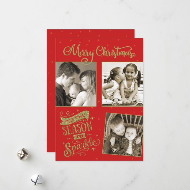 Season to Sparkle Christmas glitter custom 3 photo Holiday Card (Front/Back In Situ)