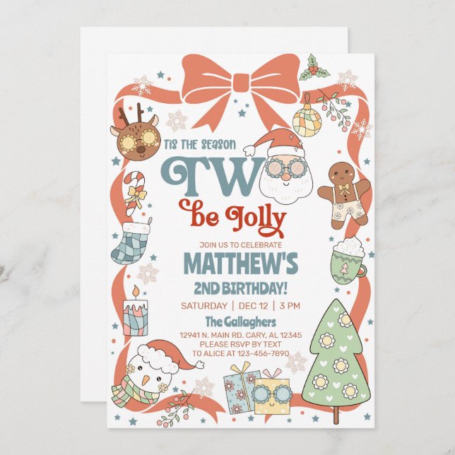 Season TWO be jolly boy Christmas 2nd birthday. Invitation (Front/Back)