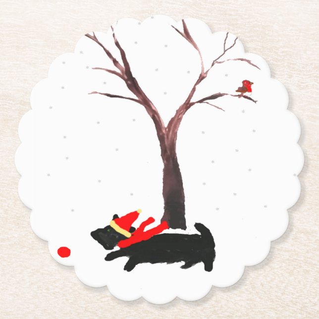 Seasonal Art Scottie Dog Robin Paper Coaster (Front)