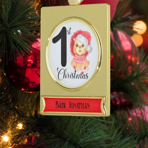 Seasonal Bear Baby Boy 1st Christmas Name Gold Plated Banner Ornament