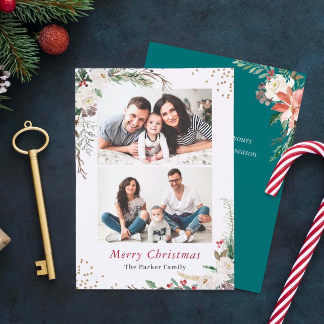 Seasonal Botanical Winter Floral Christmas 2 Photo Holiday Card (Creator Uploaded)