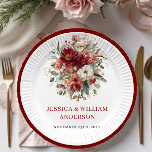 Seasonal Burgundy Eucalyptus Wedding Paper Plates