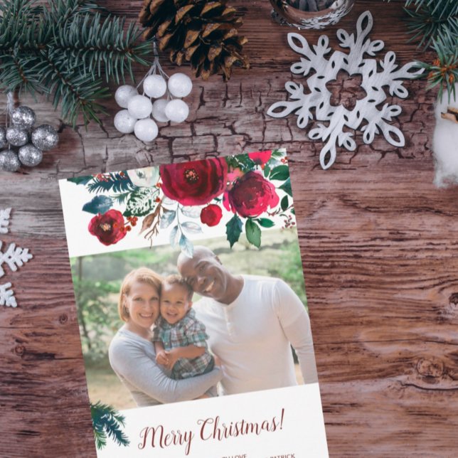 Seasonal Christmas watercolor floral bouquet photo Holiday Card (Creator Uploaded)