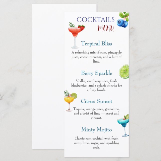 Seasonal Cocktail Menu with Watercolor Strawberry  (Front/Back)