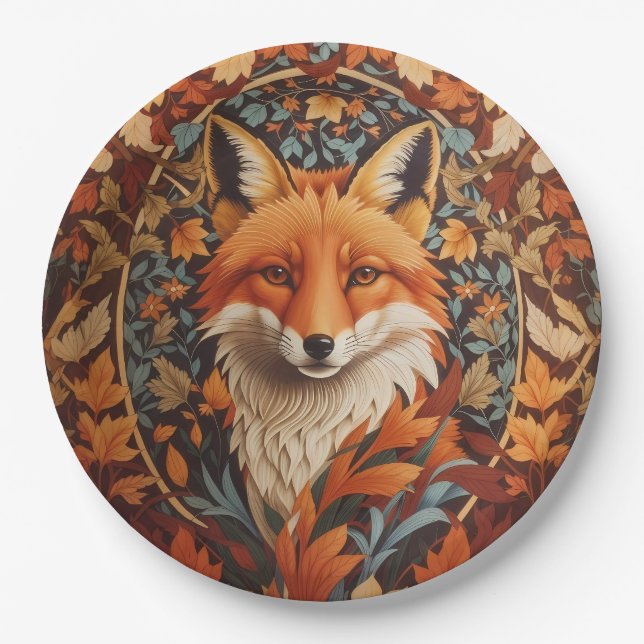 Seasonal Fall Leaves Red Fox Face Paper Plate (Front)