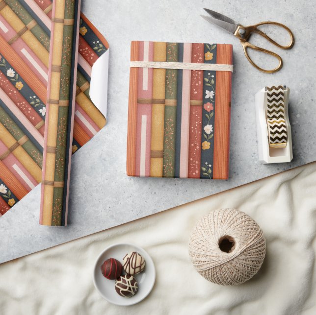 Seasonal Fall Striped Book Spines Wrapping Paper (Crafts)