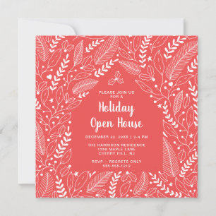 Seasonal Floral Red Modern Christmas Open House Invitation