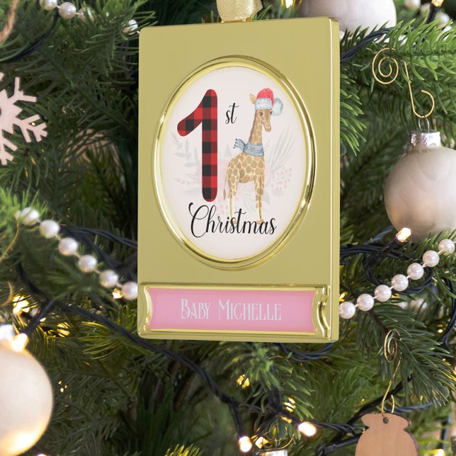 Seasonal Giraffe Baby 1st Christmas Name Keepsake  Gold Plated Banner Ornament (Creator Uploaded)