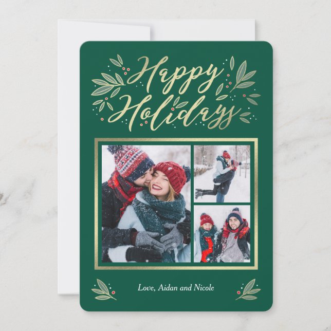 Seasonal Glow Editable Colour 3 Photo Holiday Card (Front)
