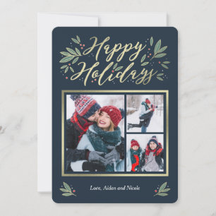 Seasonal Glow Editable Colour 3 Photo Holiday Card