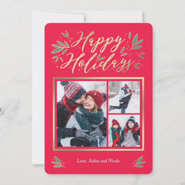 Seasonal Glow Editable Colour 3 Photo Holiday Card (Front)