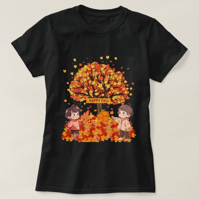Seasonal Goodness Happy Fall Children and Leaves T-Shirt (Design Front)