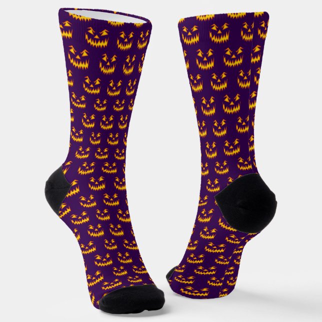 Seasonal Halloween Purple Orange Carved Pumpkin Socks (Angled)