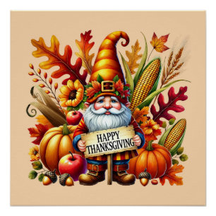 Seasonal Happy Thanksgiving gnome party  Poster