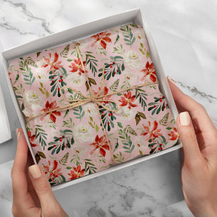 Seasonal holly berries poinsettia pastel pattern tissue paper