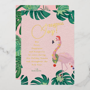 Seasonal Joy Pink Santa Flamingo Tropical Leaves Foil Holiday Card