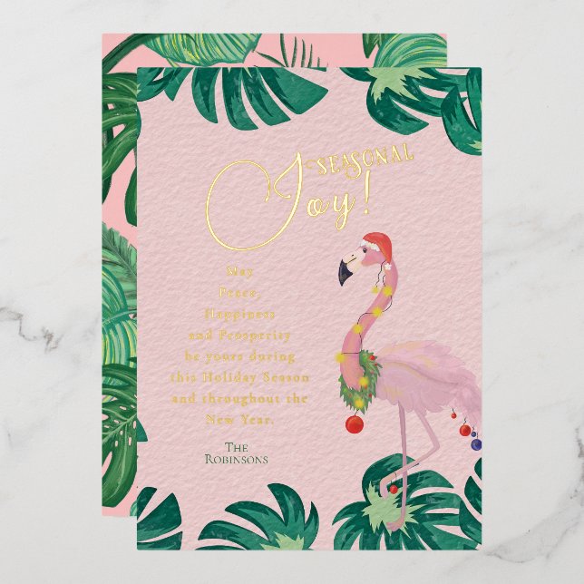 Seasonal Joy Pink Santa Flamingo Tropical Leaves Foil Holiday Card (Front/Back)