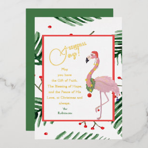 Seasonal Joy Tropical Leaves Pink Santa Flamingo  Foil Holiday Card