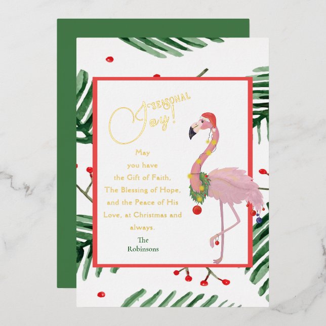 Seasonal Joy Tropical Leaves Pink Santa Flamingo  Foil Holiday Card (Front/Back)