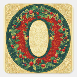 Seasonal Letter O: Red, Green, Gold with Greenery Square Sticker