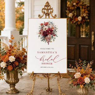 Seasonal maroon floral bridal shower welcome sign