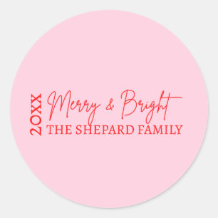 Seasonal Modern Merry Bright Red Pink Christmas Classic Round Sticker