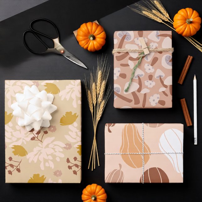 Seasonal Pastel tones Autumn Wrapping Paper Sheet (Soft Autumn Neutrals with Mushrooms and Leaves Wrapping Paper Sheets)