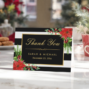 Seasonal Poinsettia Floral B&W Stripes Thank You