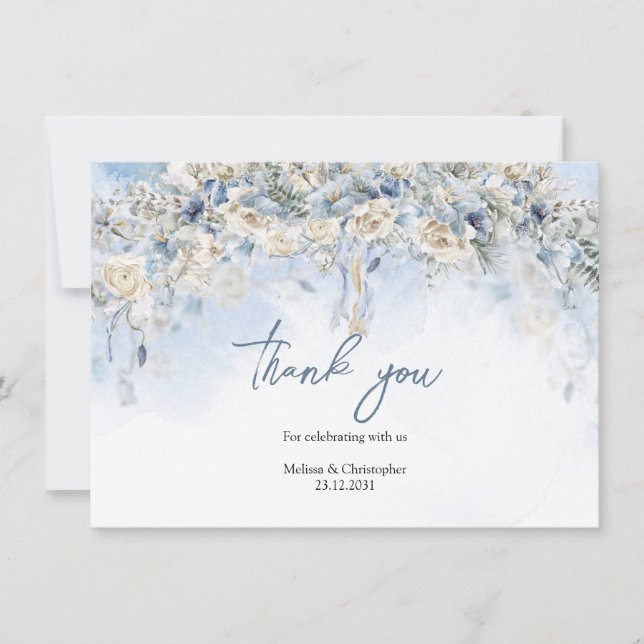 Seasonal powder blue flowers white roses greenery thank you card (Front)