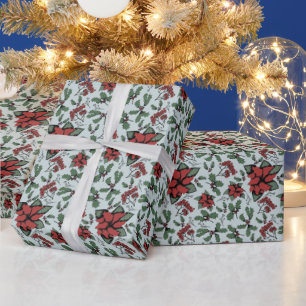 Seasonal Red Poinsettias and Berries Blue Wrapping Paper