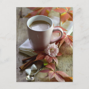 Seasonal rustic autmn cocoa & leaves still life postcard