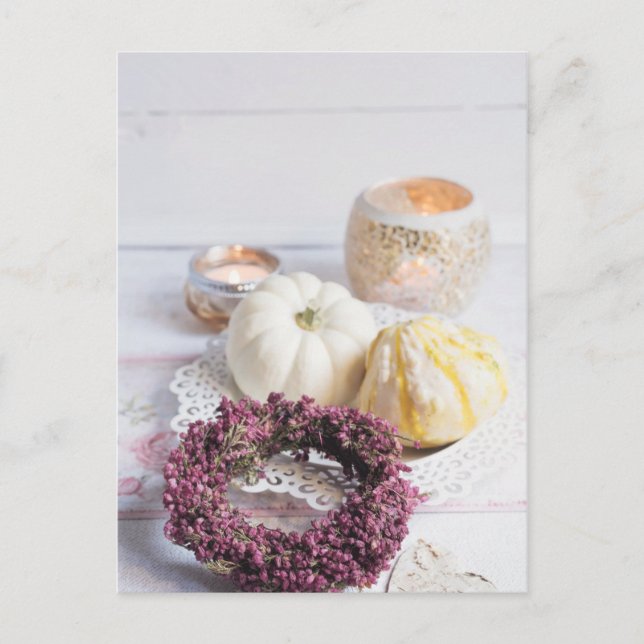 Seasonal rustic autumn candle & pumpkin still life postcard (Front)