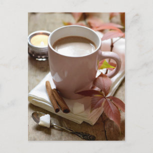 Seasonal rustic autumn cocoa & leaves still life postcard