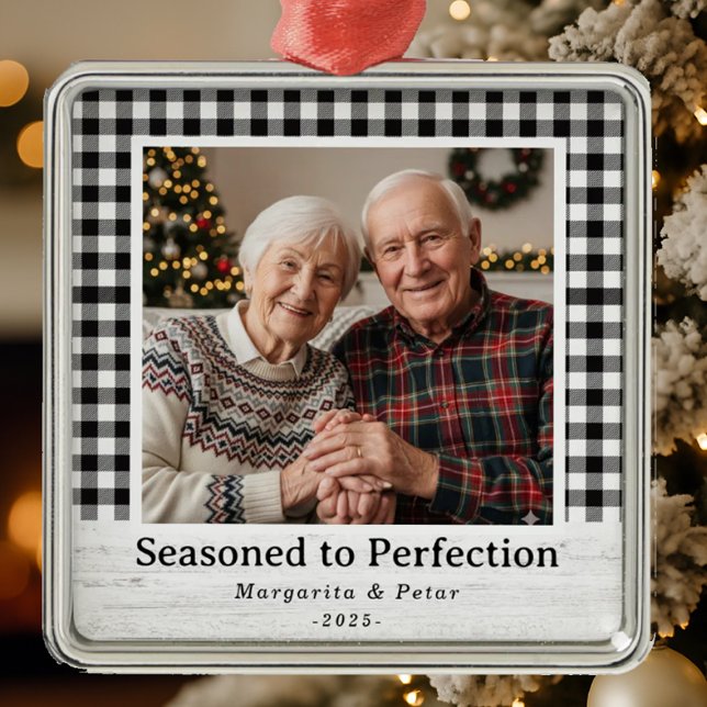 Seasoned to Perfection – Grandparents Photo Metal Tree Decoration (Cozy gingham frame, rustic charm — “Seasoned to Perfection” holiday photo ornament design.)