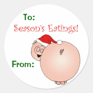 Season's Eatings Pig gift tag. Classic Round Sticker
