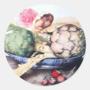 SEASON'S FRUITS 4- ARTICHOKES, ROSE & STRAWBERRIES CLASSIC ROUND STICKER